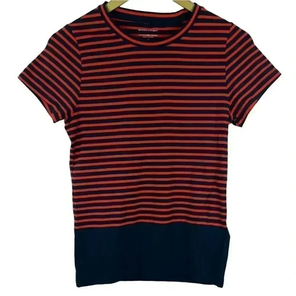 Banana Republic Women's Navy & Red Cotton/Modal/Spandex Knit Shrunken Short Slee